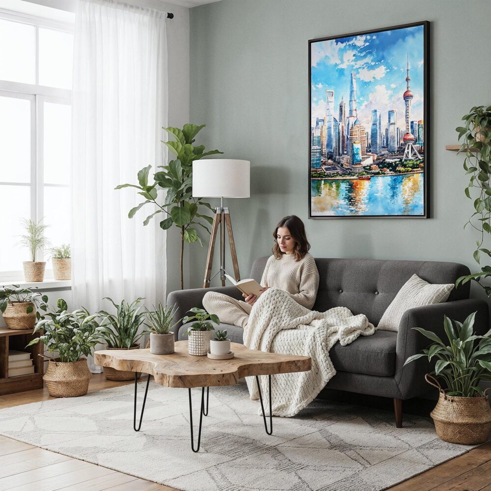 02 - Framed Shanghai China Watercolor Canvas Print - Woman reading in Boho Living Room - Vertical.jpg 02 - Framed Shanghai China Watercolor Canvas Print - Woman reading in Boho Living Room - Vertical.jpg