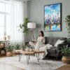02 - Framed Shanghai China Watercolor Canvas Print - Woman reading in Boho Living Room - Vertical.jpg
