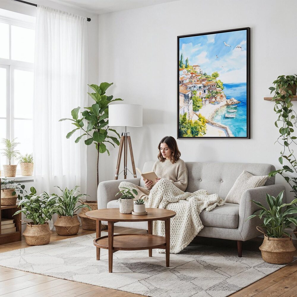 02 - Framed Sicily Italy Watercolor Canvas Print - Woman reading on couch - Vertical.jpg 02 - Framed Sicily Italy Watercolor Canvas Print - Woman reading on couch - Vertical.jpg