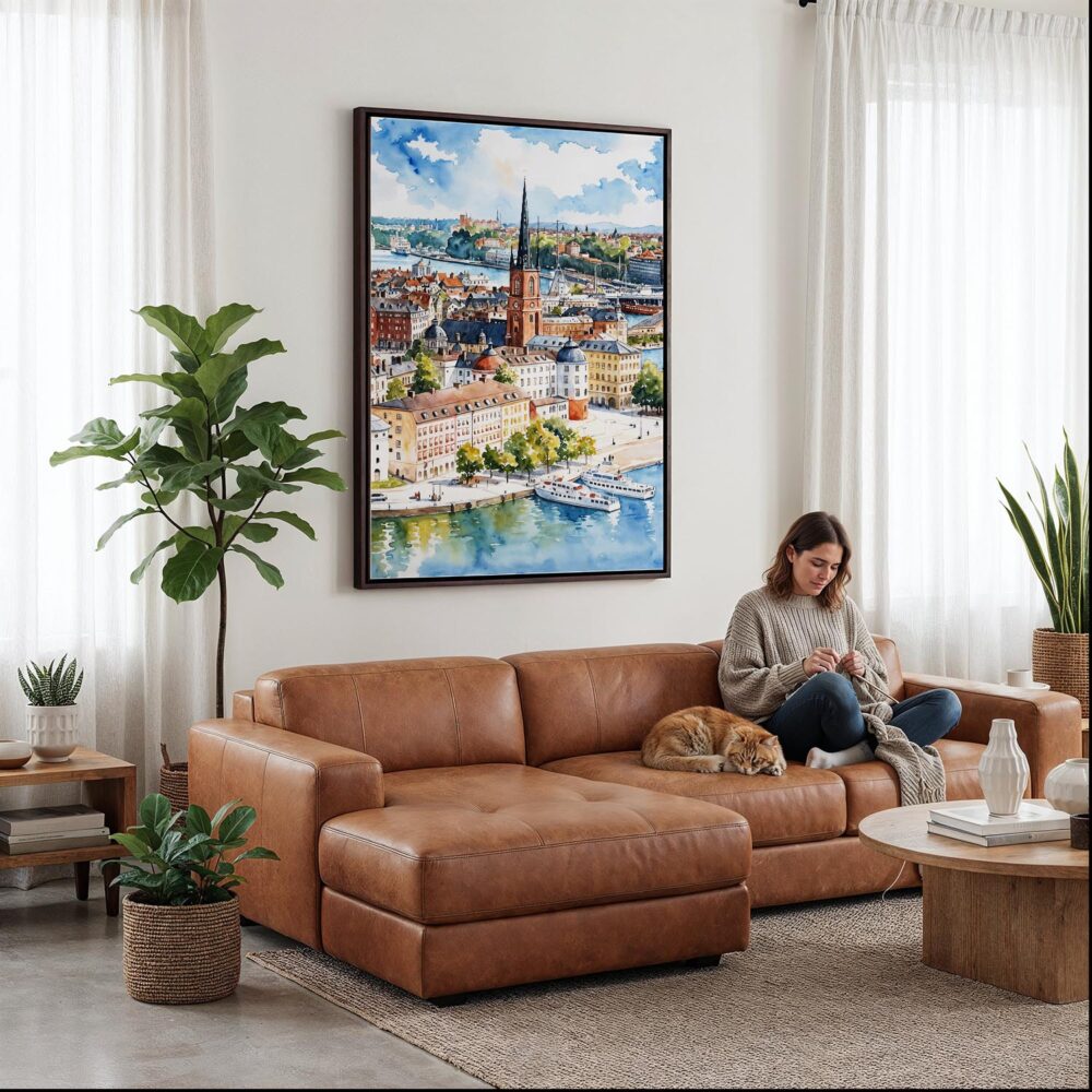 02 - Framed Stockholm Skyline Watercolor Canvas Print - Woman Knitting on leather couch - Vertical.jpg 02 - Framed Stockholm Skyline Watercolor Canvas Print - Woman Knitting on leather couch - Vertical.jpg