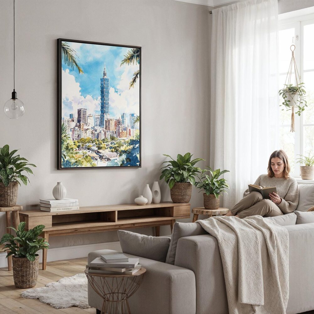 02 - Framed Taipei Watercolor Canvas Print - Woman reading in modern Living Room - Vertical.jpg 02 - Framed Taipei Watercolor Canvas Print - Woman reading in modern Living Room - Vertical.jpg