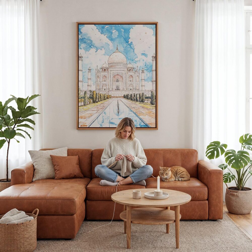 02 - Framed Taj Mahal Vibrant Watercolor Canvas Print - Woman Knitting - Vertical.jpg 02 - Framed Taj Mahal Vibrant Watercolor Canvas Print - Woman Knitting - Vertical.jpg