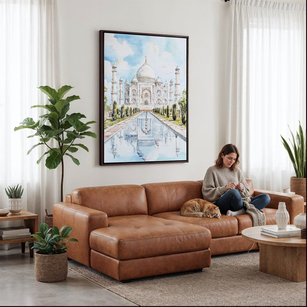 02 - Framed Taj Mahal Watercolor Canvas Print - Woman Knitting on leather couch - Vertical.jpg 02 - Framed Taj Mahal Watercolor Canvas Print - Woman Knitting on leather couch - Vertical.jpg