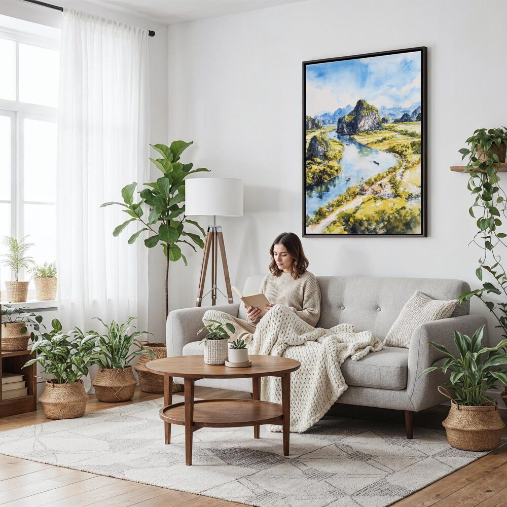 02 - Framed Tam coc ninh binh Watercolor Canvas Print - Woman reading on couch - Vertical.jpg 02 - Framed Tam coc ninh binh Watercolor Canvas Print - Woman reading on couch - Vertical.jpg