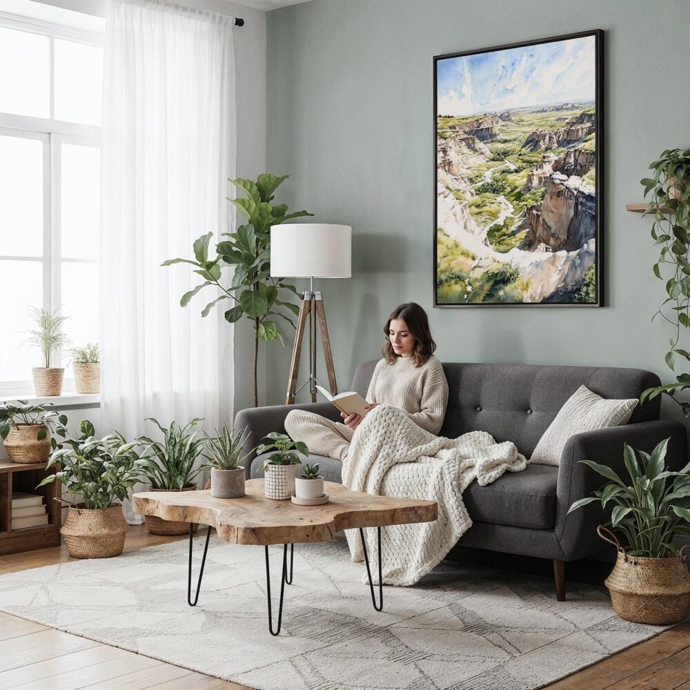 02 - Framed Theodore Roosevelt National Park Watercolor Canvas Print - Woman reading in Boho Living Room - Vertical.jpg 02 - Framed Theodore Roosevelt National Park Watercolor Canvas Print - Woman reading in Boho Living Room - Vertical.jpg