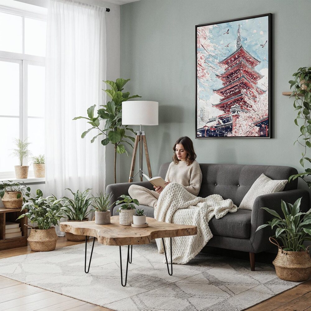 02 - Framed Tokyo Sakura - Watercolor Canvas Print - Woman reading in Boho Living Room - Vertical.jpg 02 - Framed Tokyo Sakura - Watercolor Canvas Print - Woman reading in Boho Living Room - Vertical.jpg