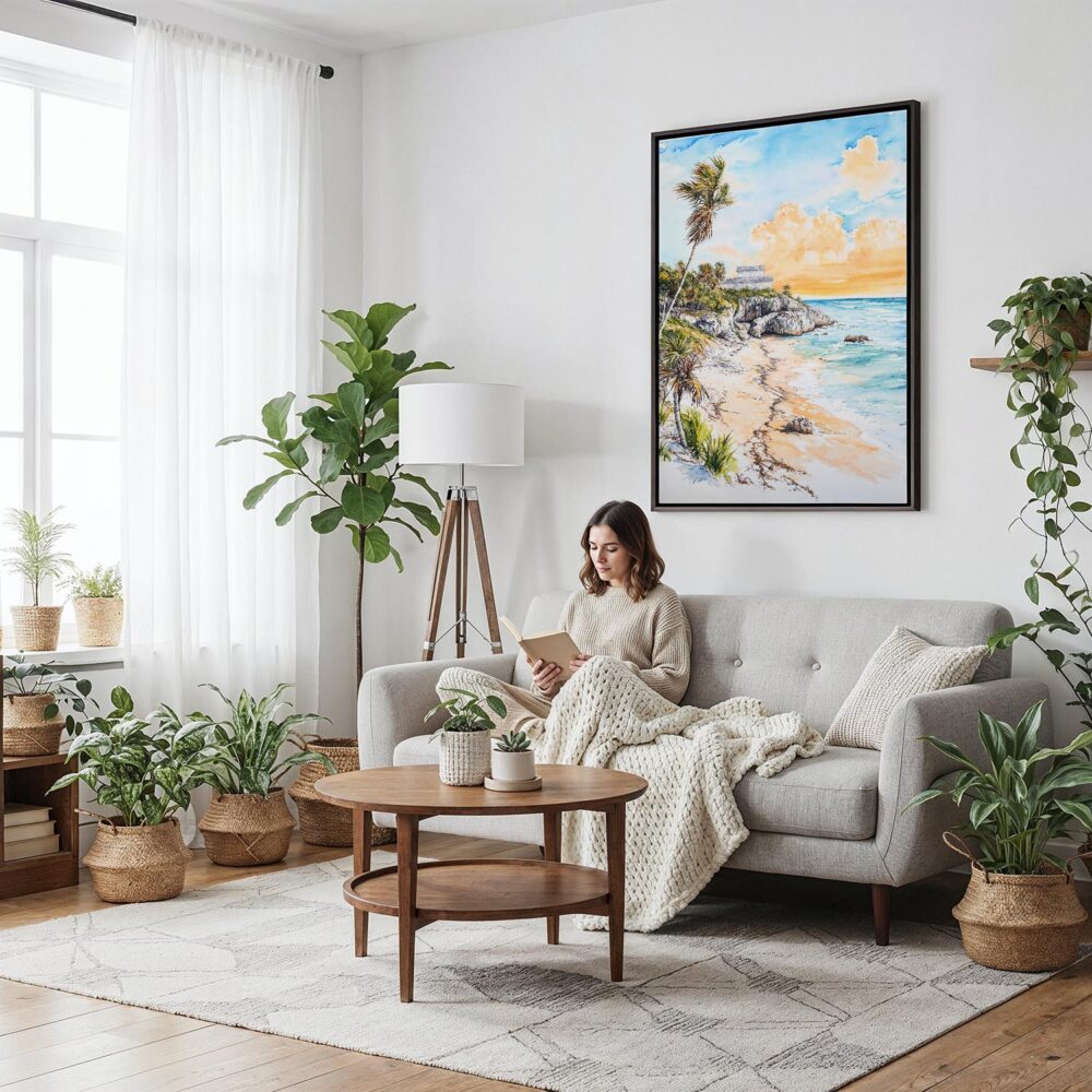 02 - Framed Tulum Mexico Watercolor Canvas Print - Woman reading on couch - Vertical.jpg 02 - Framed Tulum Mexico Watercolor Canvas Print - Woman reading on couch - Vertical.jpg