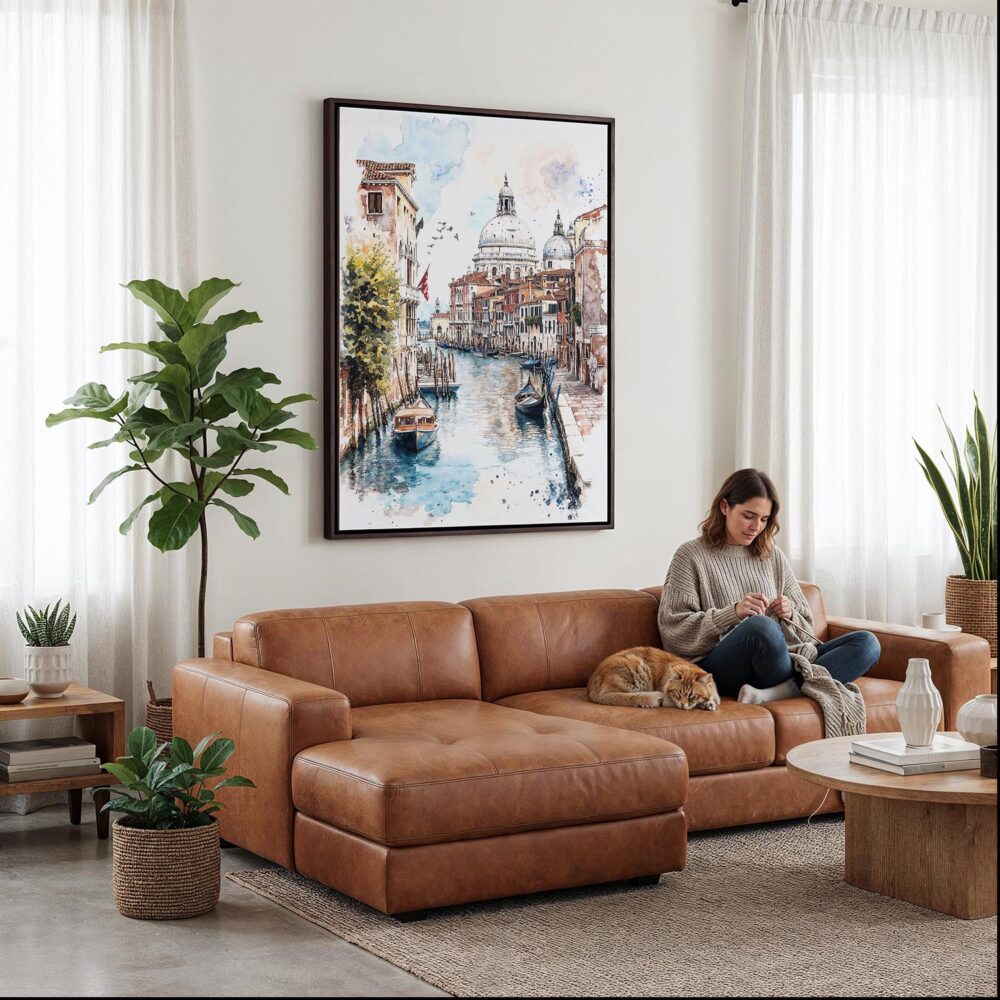 02 - Framed Venice - Watercolor Canvas Print - Woman Knitting on leather couch - Vertical.jpg 02 - Framed Venice - Watercolor Canvas Print - Woman Knitting on leather couch - Vertical.jpg