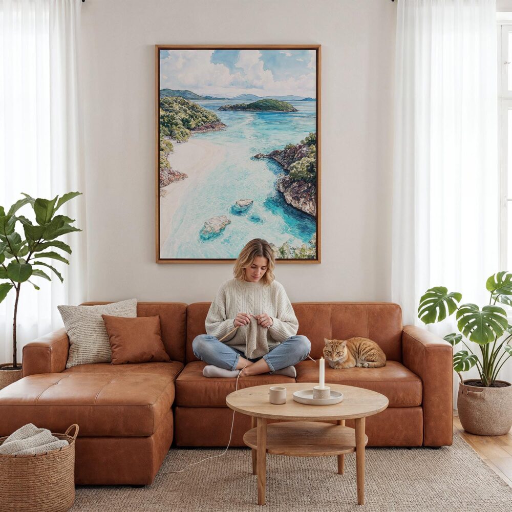 02 - Framed Virgin Islands National Park Watercolor Canvas Print - Woman Knitting - Vertical.jpg 02 - Framed Virgin Islands National Park Watercolor Canvas Print - Woman Knitting - Vertical.jpg