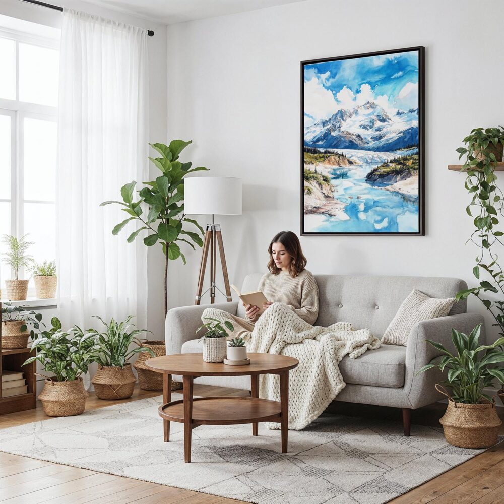 02 - Framed Wrangell-St. Elias National Park Watercolor Canvas Print - Woman reading on couch - Vertical.jpg 02 - Framed Wrangell-St. Elias National Park Watercolor Canvas Print - Woman reading on couch - Vertical.jpg