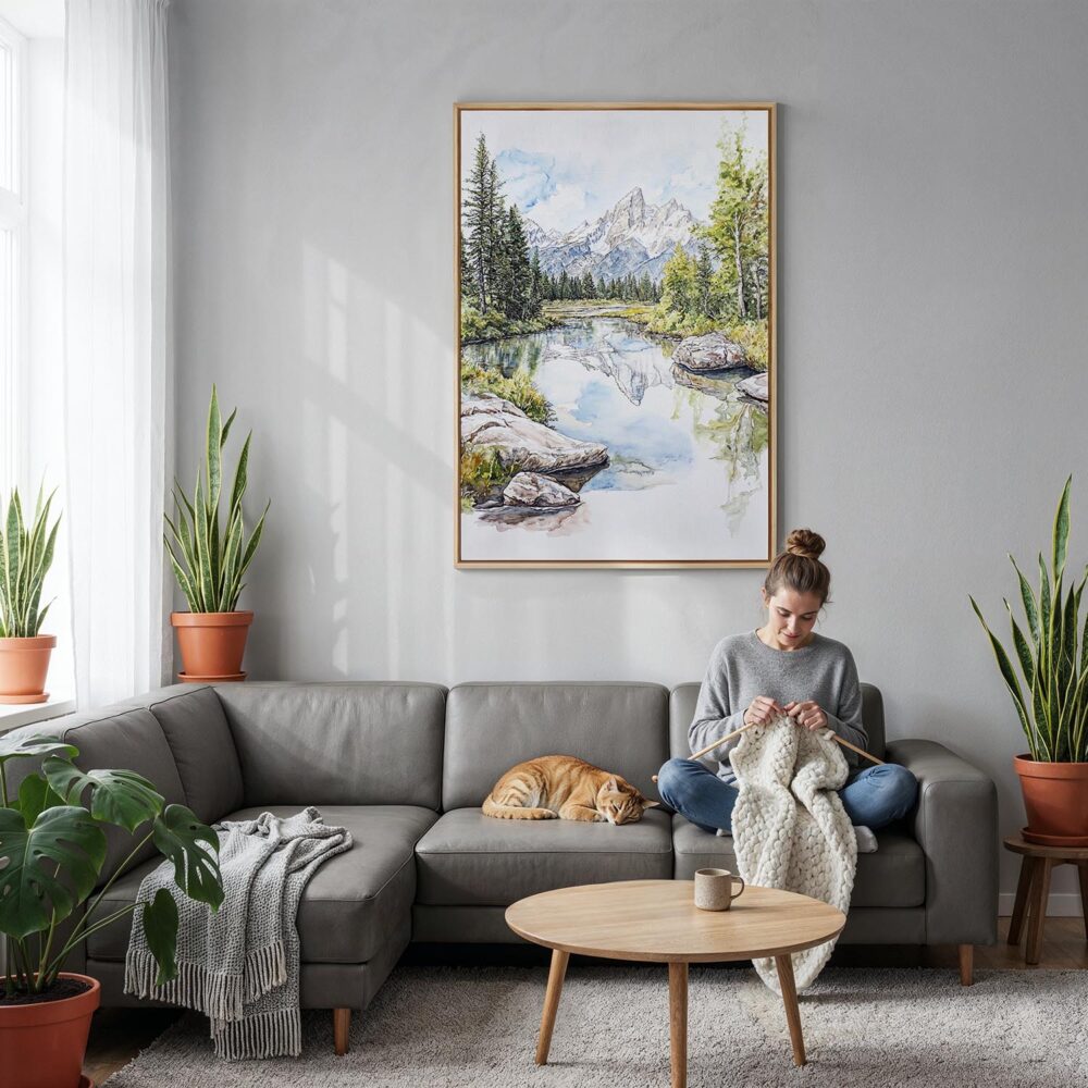 02 - Grand Teton National Park Watercolor Canvas Print with Natural Floater Frame - Woman Knitting on grey couch - Vertical.jpg 02 - Grand Teton National Park Watercolor Canvas Print with Natural Floater Frame - Woman Knitting on grey couch - Vertical.jpg
