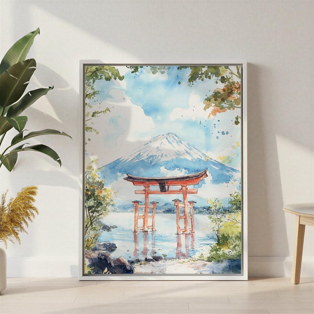 02 - Hakone Gate Watercolor Canvas Print with White Floater Frame - Standing on Floor - Vertical.jpg 02 - Hakone Gate Watercolor Canvas Print with White Floater Frame - Standing on Floor - Vertical.jpg