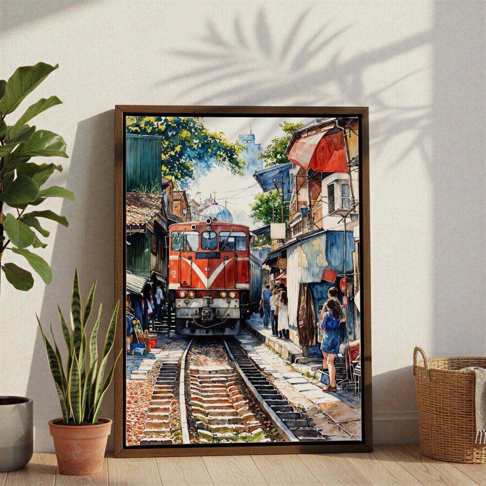 02 - Hanoi Train Street Vietnam Watercolor Canvas Print with Brown Floater Frame - Standing on Floor - Vertical.jpg 02 - Hanoi Train Street Vietnam Watercolor Canvas Print with Brown Floater Frame - Standing on Floor - Vertical.jpg