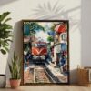 02 - Hanoi Train Street Vietnam Watercolor Canvas Print with Brown Floater Frame - Standing on Floor - Vertical.jpg