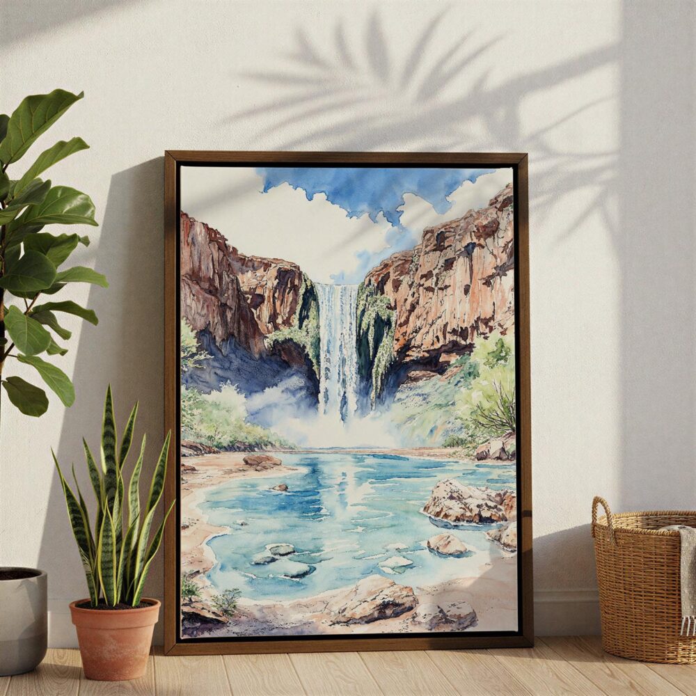 02 - Havasu Falls Watercolor Canvas Print with Brown Floater Frame - Standing on Floor - Vertical.jpg 02 - Havasu Falls Watercolor Canvas Print with Brown Floater Frame - Standing on Floor - Vertical.jpg