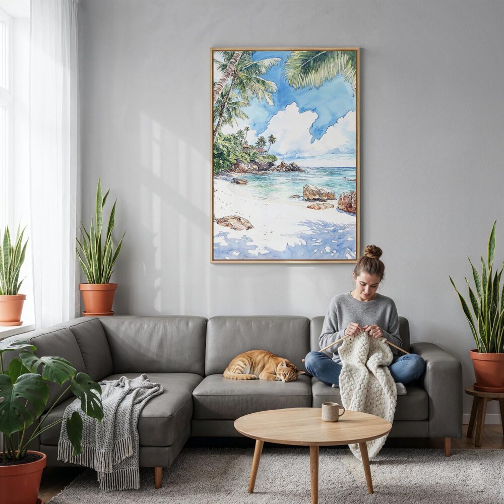 02 - Hawaii - Watercolor Canvas Print with Natural Floater Frame - Woman Knitting on grey couch - Vertical.jpg 02 - Hawaii - Watercolor Canvas Print with Natural Floater Frame - Woman Knitting on grey couch - Vertical.jpg