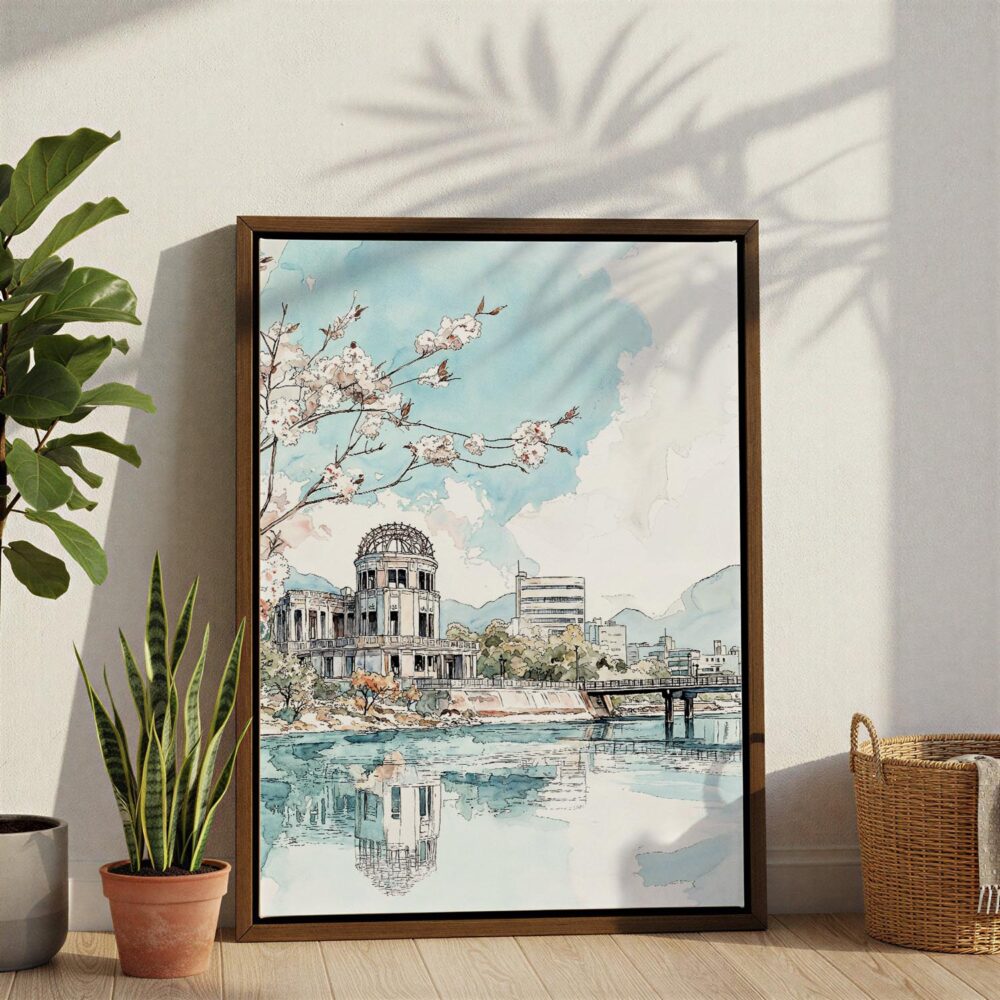 02 - Hiroshima - Watercolor Canvas Print with Brown Floater Frame - Standing on Floor - Vertical.jpg 02 - Hiroshima - Watercolor Canvas Print with Brown Floater Frame - Standing on Floor - Vertical.jpg