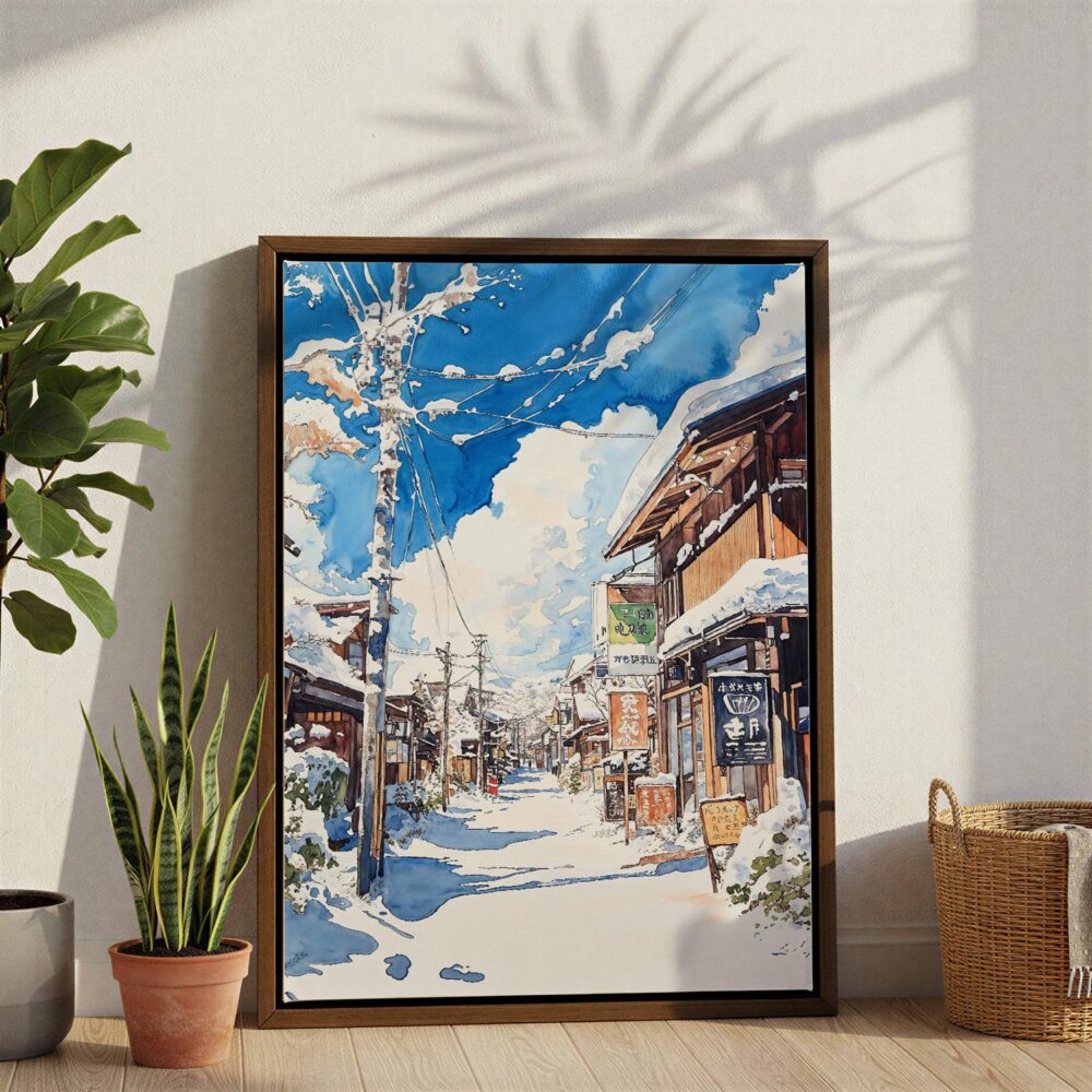 02 - Hokkaido Village - Watercolor Canvas Print with Brown Floater Frame - Standing on Floor - Vertical.jpg 02 - Hokkaido Village - Watercolor Canvas Print with Brown Floater Frame - Standing on Floor - Vertical.jpg