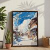02 - Hokkaido Village - Watercolor Canvas Print with Brown Floater Frame - Standing on Floor - Vertical.jpg