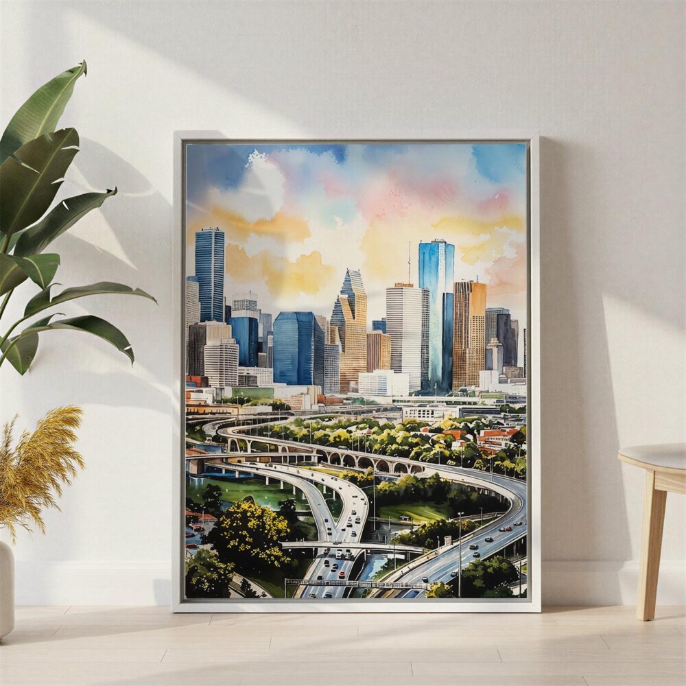 02 - Houston Texas Watercolor Canvas Print with White Floater Frame - Standing on Floor - Vertical.jpg 02 - Houston Texas Watercolor Canvas Print with White Floater Frame - Standing on Floor - Vertical.jpg
