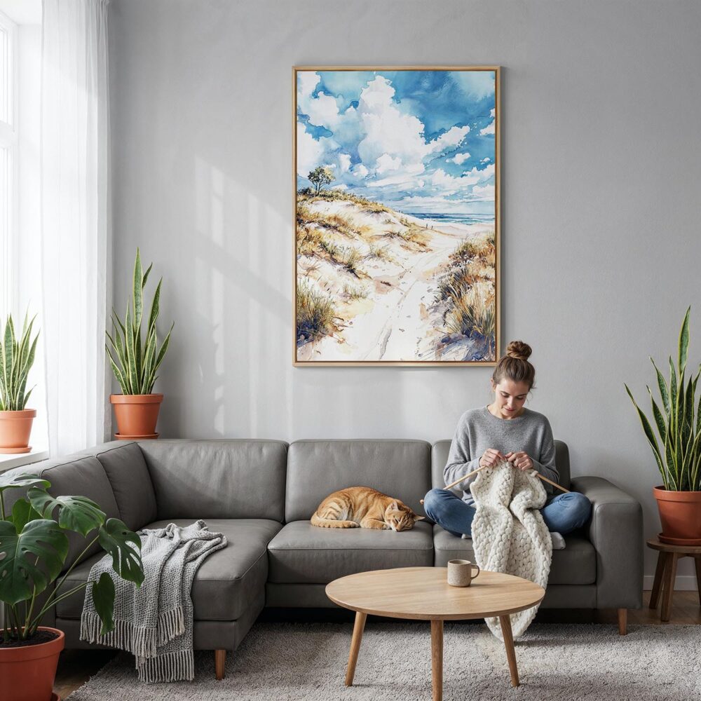 02 - Indiana Dunes National Park Watercolor Canvas Print with Natural Floater Frame - Woman Knitting on grey couch - Vertical.jpg 02 - Indiana Dunes National Park Watercolor Canvas Print with Natural Floater Frame - Woman Knitting on grey couch - Vertical.jpg