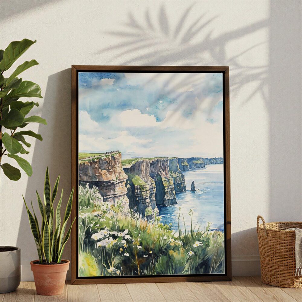 02 - Ireland - Cliffs of Moher - Watercolor Canvas Print with Brown Floater Frame - Standing on Floor - Vertical.jpg 02 - Ireland - Cliffs of Moher - Watercolor Canvas Print with Brown Floater Frame - Standing on Floor - Vertical.jpg
