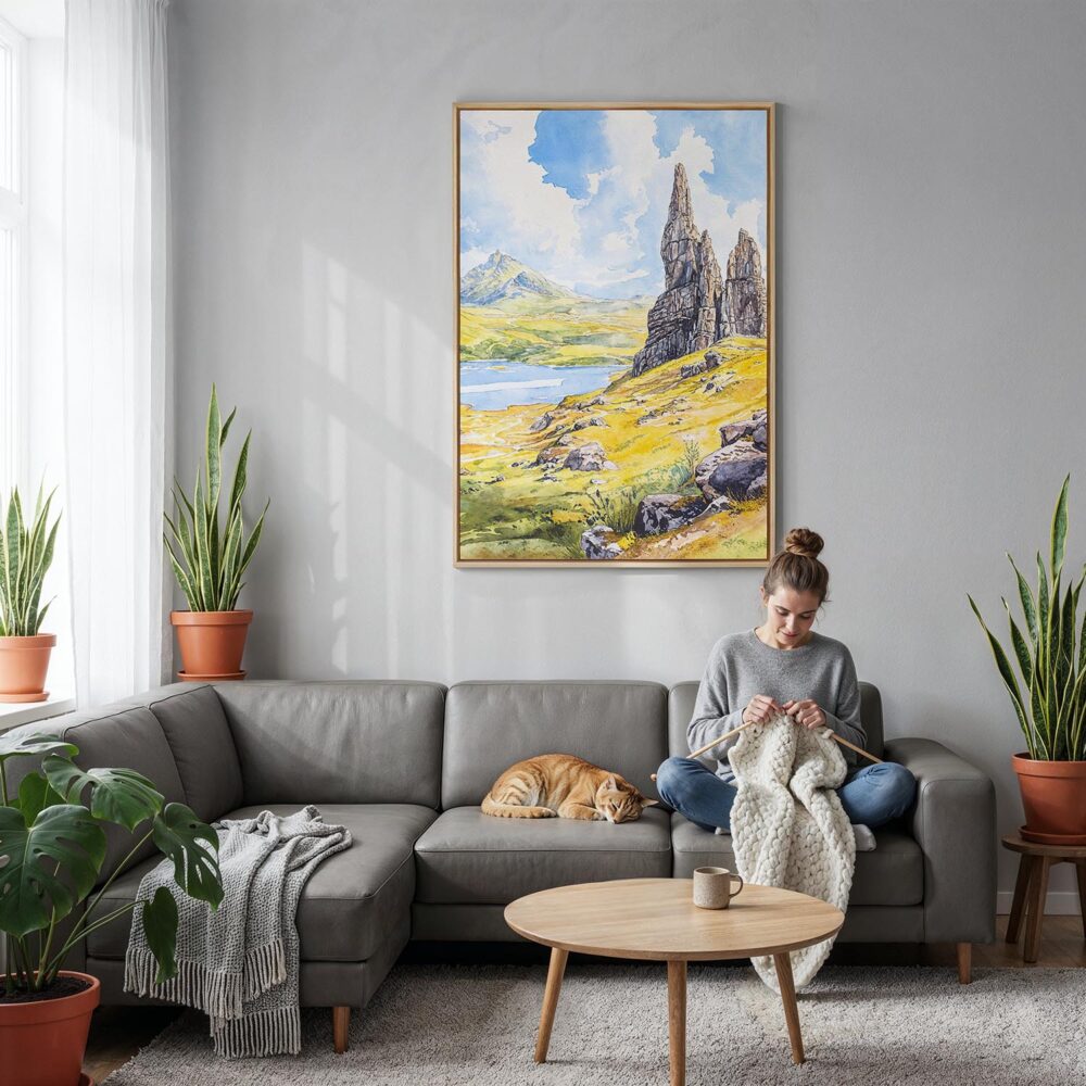 02 - Isle of Skye Watercolor Canvas Print with Natural Floater Frame - Woman Knitting on grey couch - Vertical.jpg 02 - Isle of Skye Watercolor Canvas Print with Natural Floater Frame - Woman Knitting on grey couch - Vertical.jpg