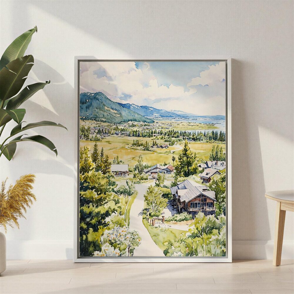 02 - Jackson Hole Wyoming Watercolor Canvas Print with White Floater Frame - Standing on Floor - Vertical.jpg 02 - Jackson Hole Wyoming Watercolor Canvas Print with White Floater Frame - Standing on Floor - Vertical.jpg
