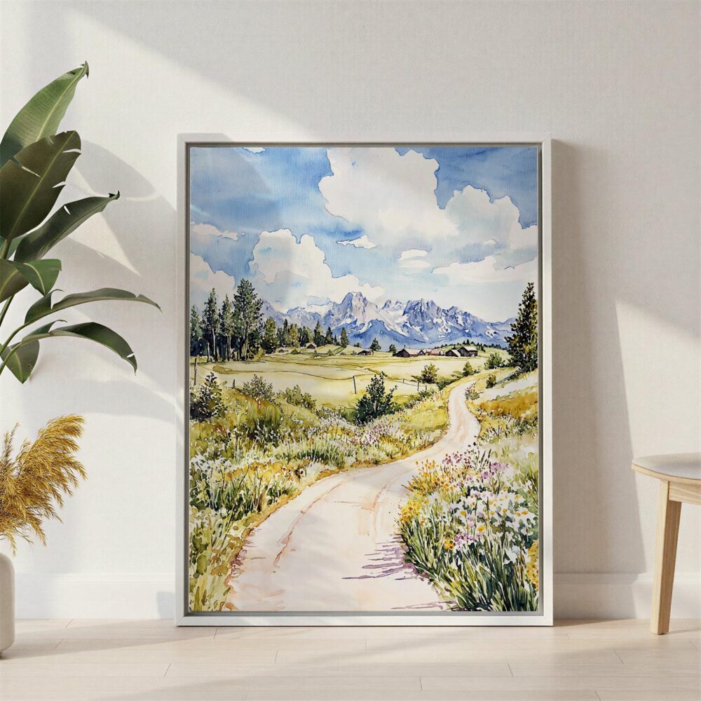 02 - Jackson Hole watercolor Canvas Print with White Floater Frame - Standing on Floor - Vertical.jpg 02 - Jackson Hole watercolor Canvas Print with White Floater Frame - Standing on Floor - Vertical.jpg