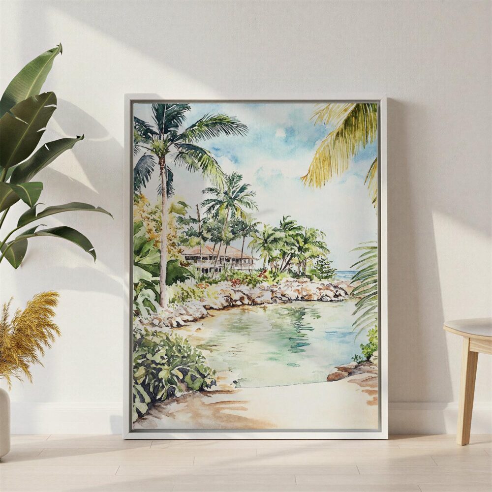 02 - Jamaica Caribbean Island Watercolor Canvas Print with White Floater Frame - Standing on Floor - Vertical.jpg 02 - Jamaica Caribbean Island Watercolor Canvas Print with White Floater Frame - Standing on Floor - Vertical.jpg