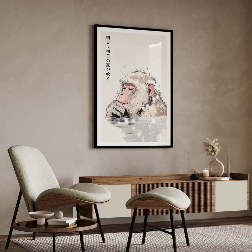 02 - Japanese Macaque in Onsen Vintage Illustration - 明日は明日の風が吹 - Tomorrow’s wind will blow tomorrow. Art Print with Black Frame in Japandi Living Room.jpg 02 - Japanese Macaque in Onsen Vintage Illustration - 明日は明日の風が吹 - Tomorrow’s wind will blow tomorrow. Art Print with Black Frame in Japandi Living Room.jpg