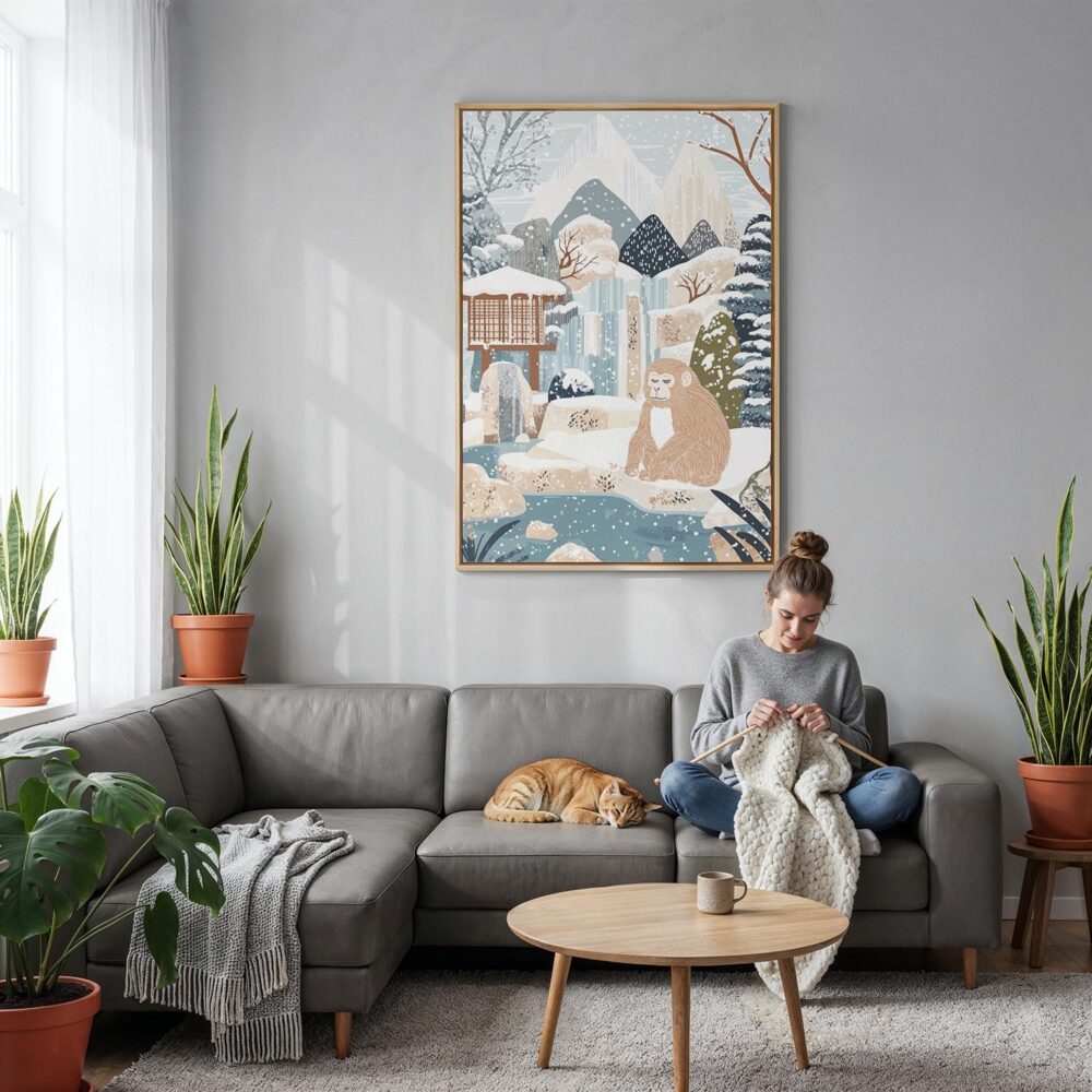 02 - Japanese Macaque in Outdoor Onsen Winter Landscape Illustration Canvas Print with Natural Floater Frame - Woman Knitting on grey couch - Vertical.jpg 02 - Japanese Macaque in Outdoor Onsen Winter Landscape Illustration Canvas Print with Natural Floater Frame - Woman Knitting on grey couch - Vertical.jpg