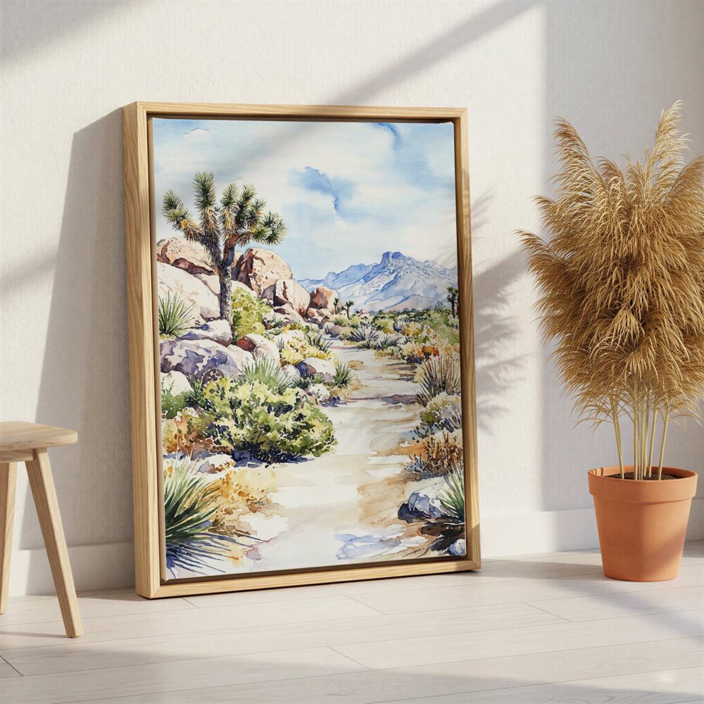 02 - Joshua Tree Watercolor Canvas Print with Natural Floater Frame - Standing on Floor - Vertical.jpg 02 - Joshua Tree Watercolor Canvas Print with Natural Floater Frame - Standing on Floor - Vertical.jpg