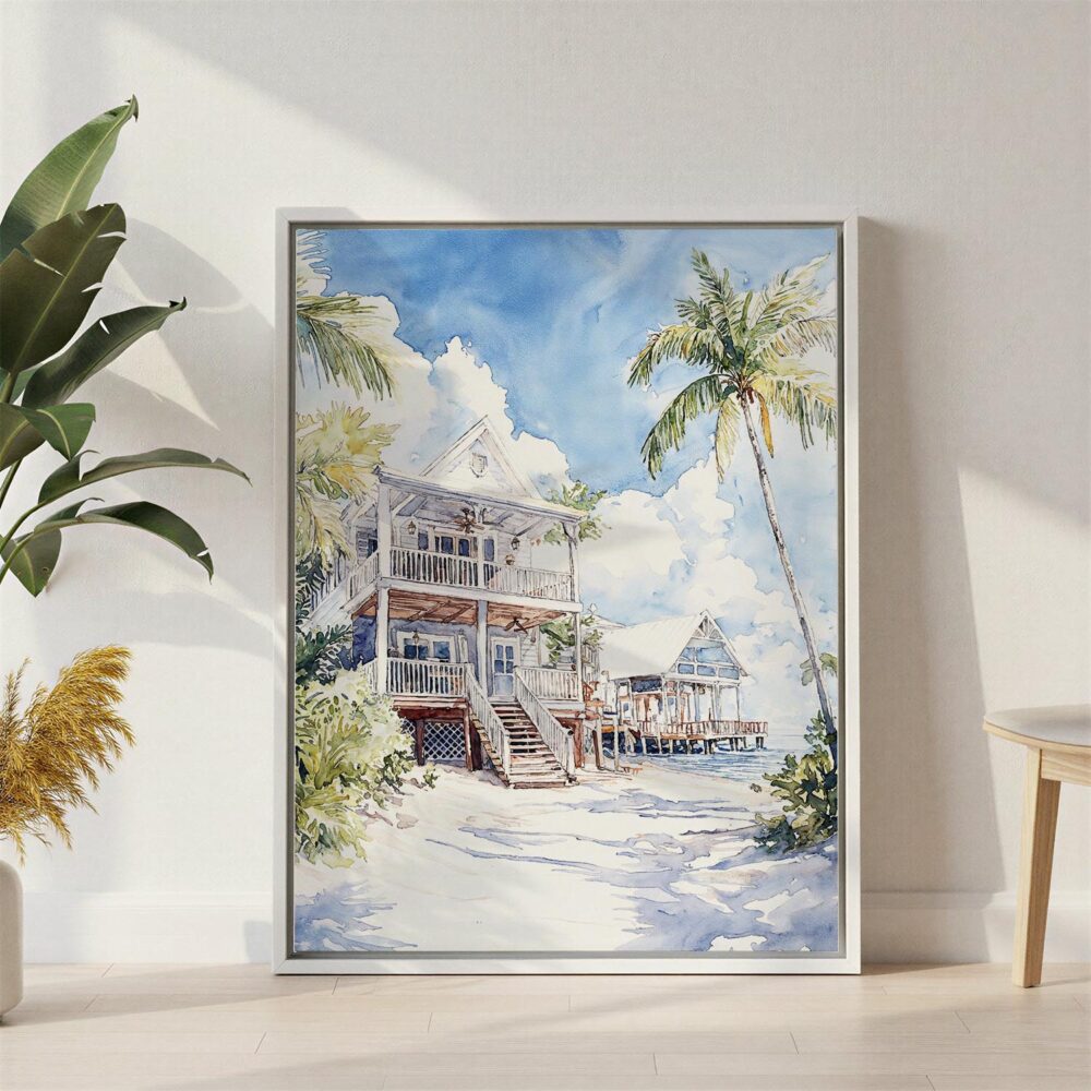 02 - Key West Beach House - Watercolor Canvas Print with White Floater Frame - Standing on Floor - Vertical.jpg 02 - Key West Beach House - Watercolor Canvas Print with White Floater Frame - Standing on Floor - Vertical.jpg