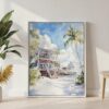 02 - Key West Beach House - Watercolor Canvas Print with White Floater Frame - Standing on Floor - Vertical.jpg