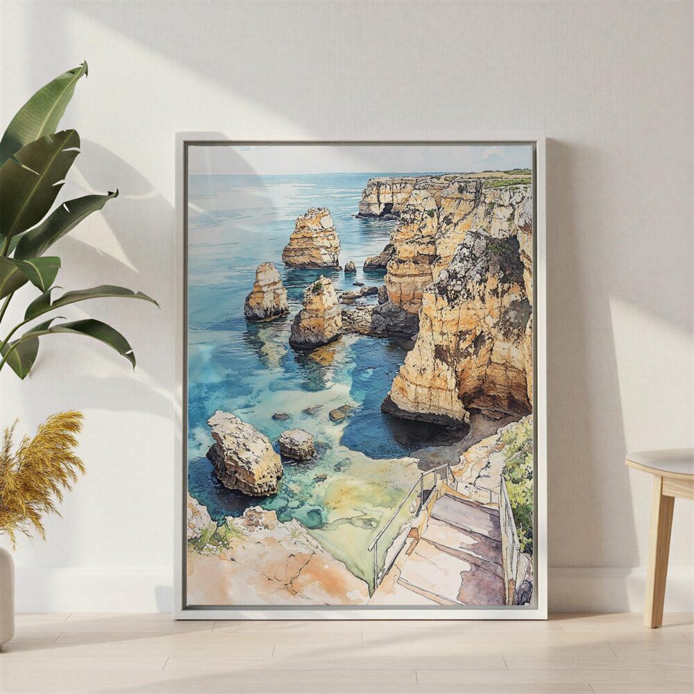 02 - Lagos Portgual Cliffs Watercolor Canvas Print with White Floater Frame - Standing on Floor - Vertical.jpg 02 - Lagos Portgual Cliffs Watercolor Canvas Print with White Floater Frame - Standing on Floor - Vertical.jpg
