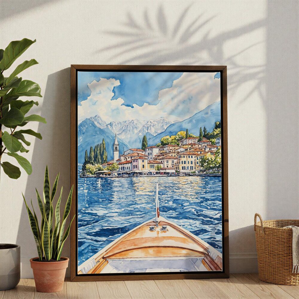 02 - Lake Como Boat View Watercolor Canvas Print with Brown Floater Frame - Standing on Floor - Vertical.jpg 02 - Lake Como Boat View Watercolor Canvas Print with Brown Floater Frame - Standing on Floor - Vertical.jpg