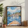 02 - Lake Como Boat View Watercolor Canvas Print with Brown Floater Frame - Standing on Floor - Vertical.jpg