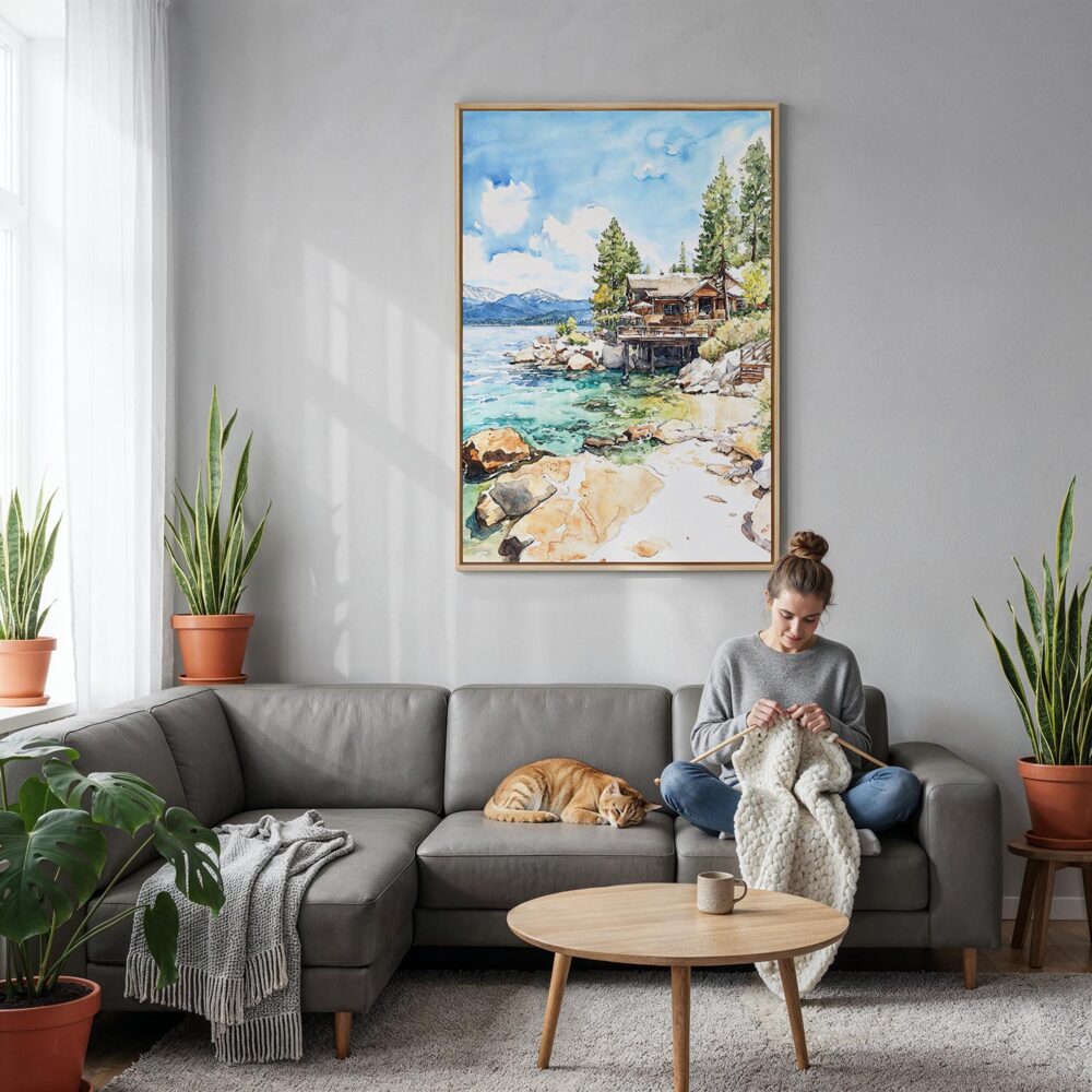 02 - Lake Tahoe Cabin Watercolor Canvas Print with Natural Floater Frame - Woman Knitting on grey couch - Vertical.jpg 02 - Lake Tahoe Cabin Watercolor Canvas Print with Natural Floater Frame - Woman Knitting on grey couch - Vertical.jpg