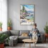 02 - Lake Tahoe watercolor Canvas Print with Natural Floater Frame - Woman Knitting on grey couch - Vertical.jpg