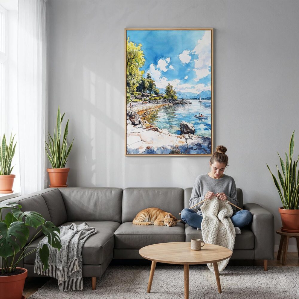 02 - Lake Windermere - Watercolor 1 Canvas Print with Natural Floater Frame - Woman Knitting on grey couch - Vertical.jpg 02 - Lake Windermere - Watercolor 1 Canvas Print with Natural Floater Frame - Woman Knitting on grey couch - Vertical.jpg