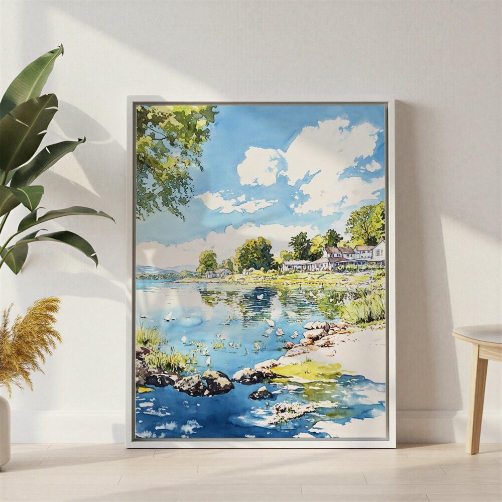 02 - Lake Windermere - Watercolor 2 Canvas Print with White Floater Frame - Standing on Floor - Vertical.jpg 02 - Lake Windermere - Watercolor 2 Canvas Print with White Floater Frame - Standing on Floor - Vertical.jpg
