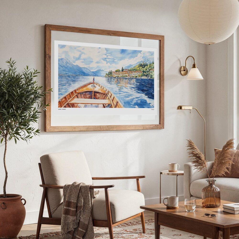 02 - Large Lake Como Watercolor - Horizontal Art Print in Boho Living Room with vintage Wood frame.jpg 02 - Large Lake Como Watercolor - Horizontal Art Print in Boho Living Room with vintage Wood frame.jpg