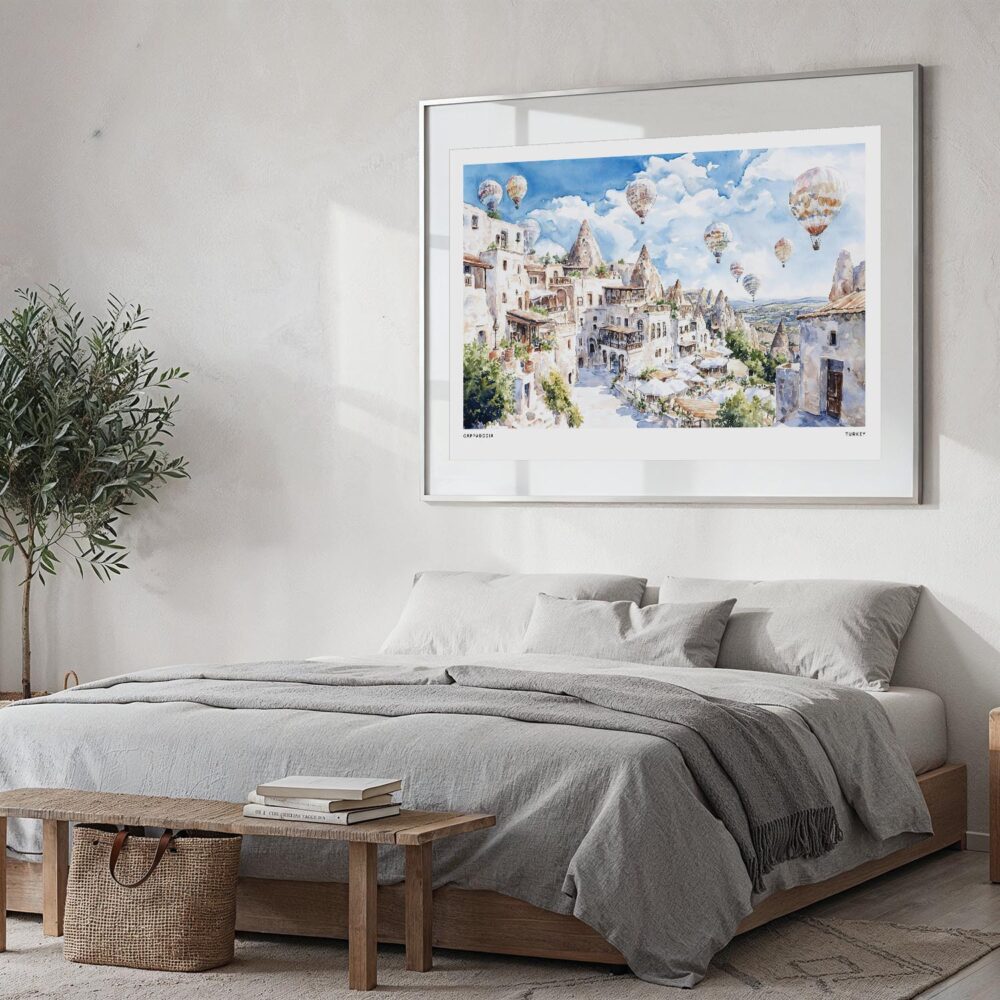 02 - Large Turkey Cappadocia Watercolor - Horizontal Art Print in Bedroom with Silver Metal Frame.jpg 02 - Large Turkey Cappadocia Watercolor - Horizontal Art Print in Bedroom with Silver Metal Frame.jpg