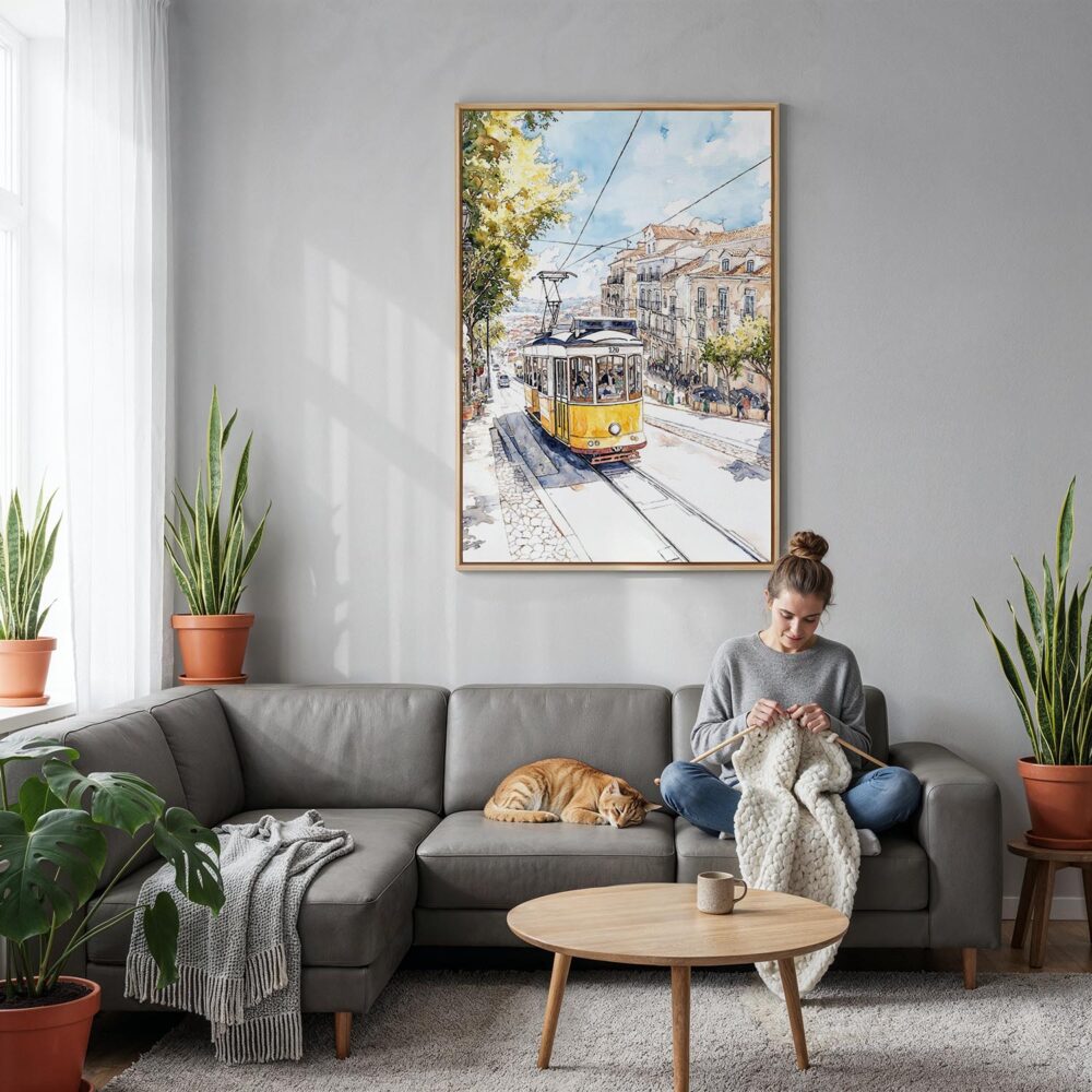 02 - Lisbon 2- Watercolor Canvas Print with Natural Floater Frame - Woman Knitting on grey couch - Vertical.jpg 02 - Lisbon 2- Watercolor Canvas Print with Natural Floater Frame - Woman Knitting on grey couch - Vertical.jpg
