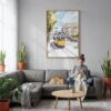 02 - Lisbon 2- Watercolor Canvas Print with Natural Floater Frame - Woman Knitting on grey couch - Vertical.jpg