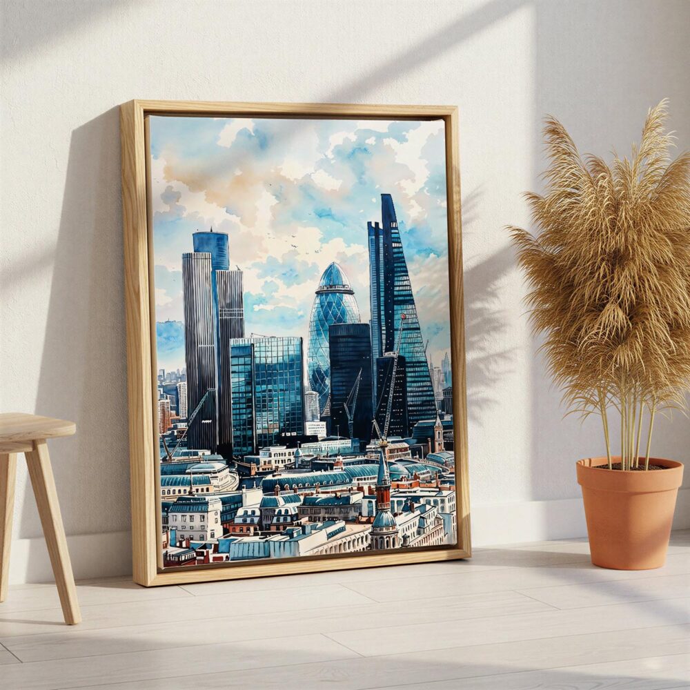 02 - London Business Skyline Watercolor Canvas Print with Natural Floater Frame - Standing on Floor - Vertical.jpg 02 - London Business Skyline Watercolor Canvas Print with Natural Floater Frame - Standing on Floor - Vertical.jpg