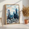 02 - London Business Skyline Watercolor Canvas Print with Natural Floater Frame - Standing on Floor - Vertical.jpg