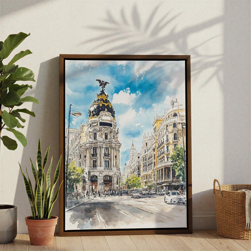 02 - Madrid Watercolor Canvas Print with Brown Floater Frame - Standing on Floor - Vertical.jpg 02 - Madrid Watercolor Canvas Print with Brown Floater Frame - Standing on Floor - Vertical.jpg