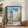 02 - Madrid Watercolor Canvas Print with Brown Floater Frame - Standing on Floor - Vertical.jpg